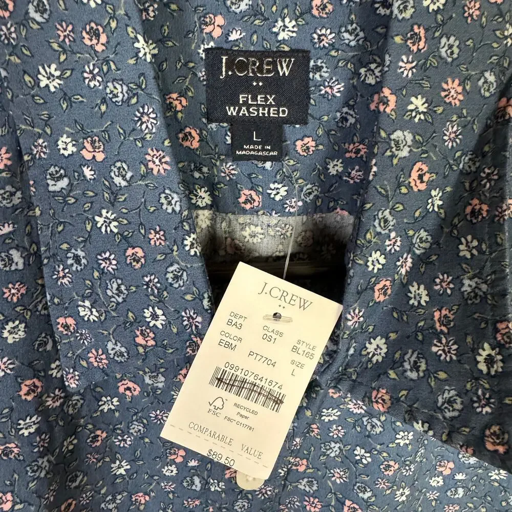 J.Crew Short Sleeve Printed Flex Wash Casual Shirt Men L Blue Floral Button Up